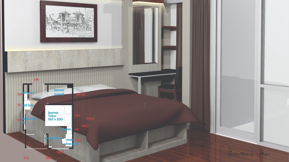 Jasa Desain Interior 3D Rumah Minimalis Modern Ruang Tidur Ukuran 3x4 Meter