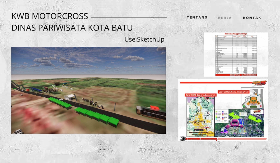 Desain exterior 3d untuk KWB Motorcross, Dinas Pariwisata Kota Batu, dengan penggunaan Sketchup