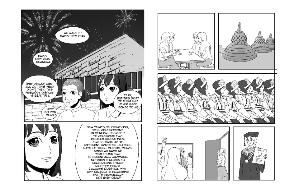 Ilustrasi desain kartu ucapan tahun baru dengan tema kembang api, menampilkan orang-orang merayakan tahun baru di tengah malam dengan lampu kembang api yang indah.