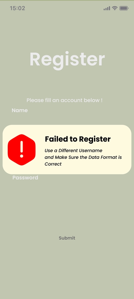 Gagal Registrasi.  Gunakan Nama Pengguna yang Berbeda dan Pastikan Format Data Benar. UI UX Desain Web