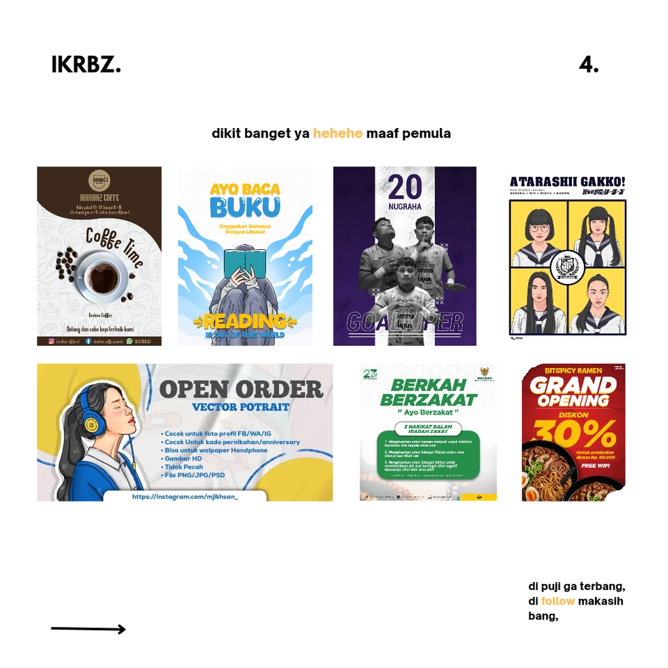Desain grafis untuk berbagai keperluan seperti spanduk, kartu nama, brosur, poster, dan undangan.