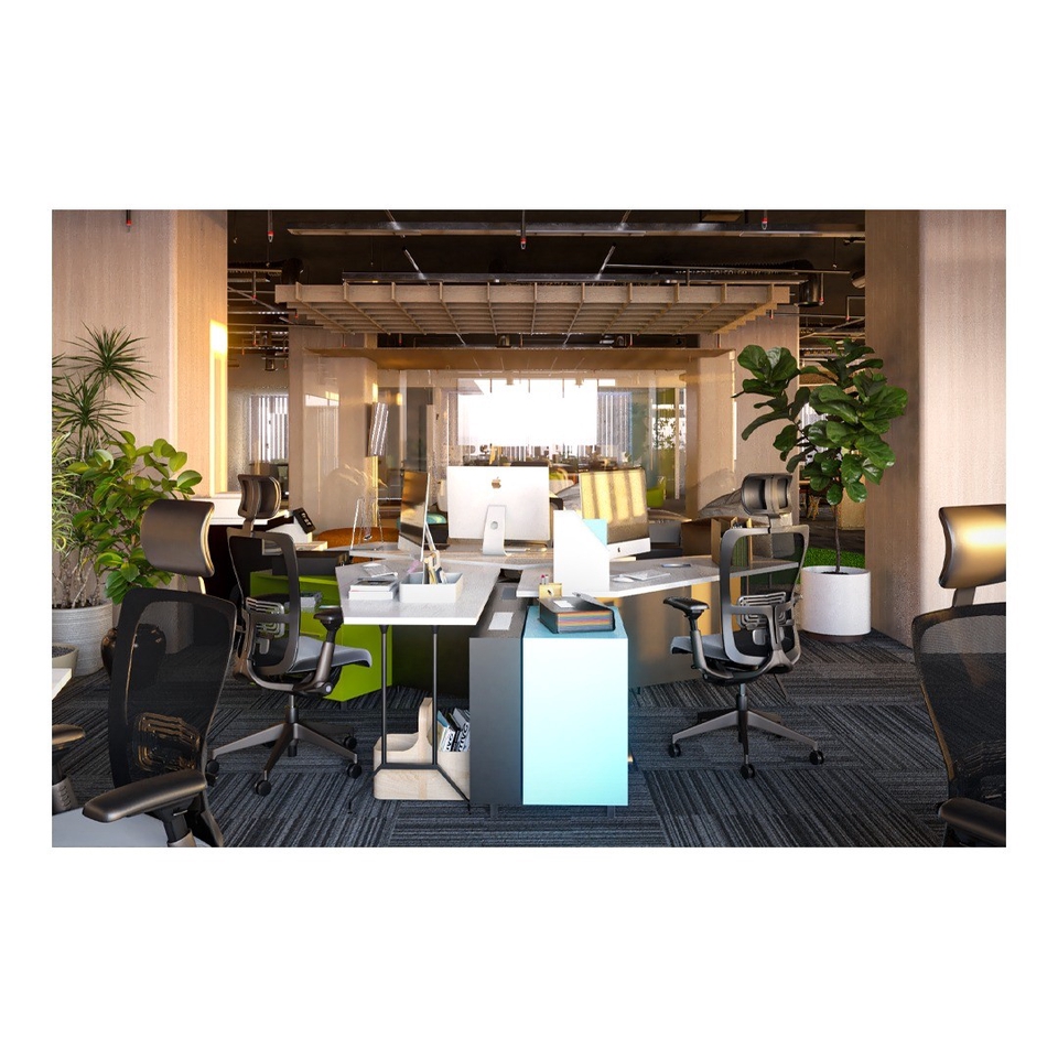 Jasa desain interior kantor minimalis modern dengan meja kerja dan kursi ergonomis.