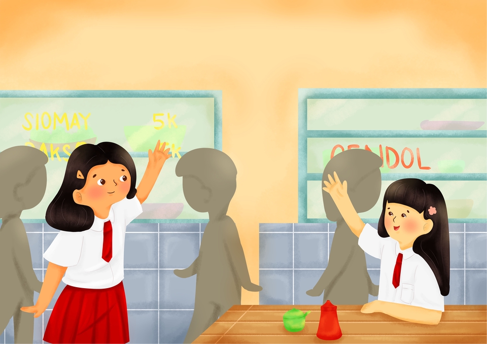 Ilustrasi kartun anak sekolah membeli makanan di kantin.