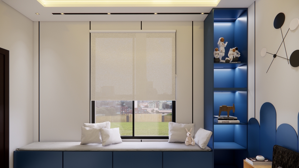 Jasa desain interior minimalis untuk rumah dengan jendela besar dan rak dinding