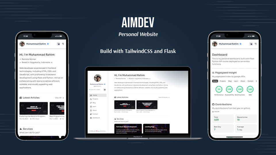 Jasa pembuatan website personal dengan TailwindCSS dan Flask. Portofolio pengembang web dengan desain modern dan responsif.