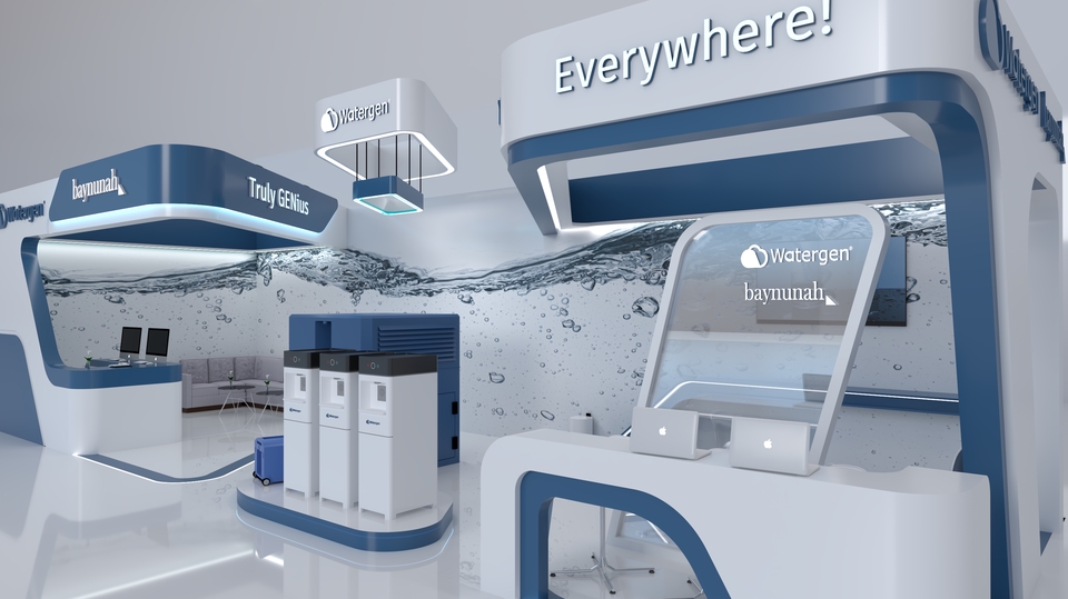 Desain stand pameran 3d minimalis dengan konsep watergen untuk cafe dan restoran.