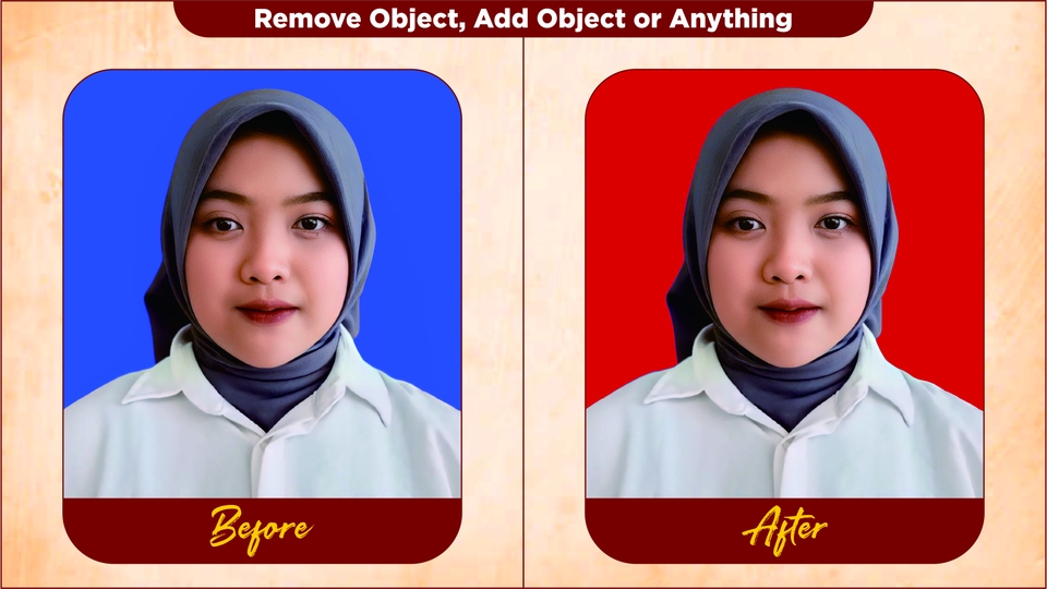 Jasa edit foto online: Ganti background foto dari biru ke merah.  Edit foto prewedding dan pernikahan.  Photoshop profesional.