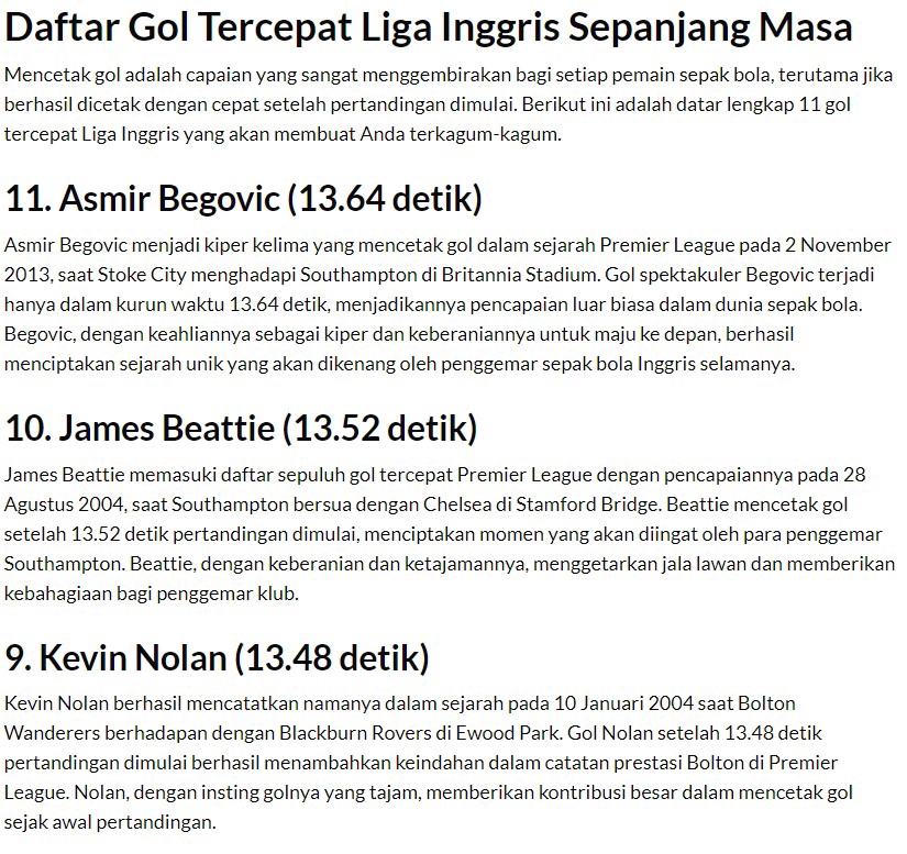 Jasa penulis artikel SEO Indonesia, daftar 11 gol tercepat Liga Inggris, copywriting olahraga.