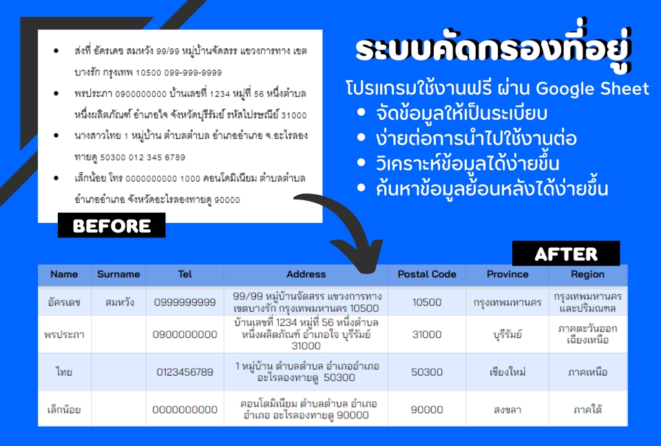 อื่นๆ - คลีนข้อมูล ที่อยู่ลูกค้าบน Google Sheet - Excel โปรแกรมคัดแยกข้อมูล ใช้งานได้ตลอดชีพ - 3