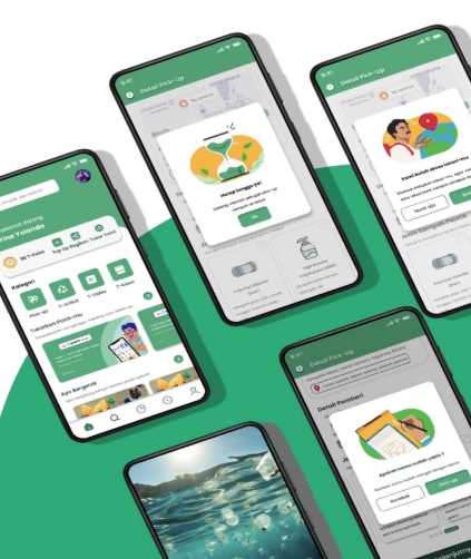 Desain UI UX untuk aplikasi mobile dengan warna hijau dan tampilan minimalis.
