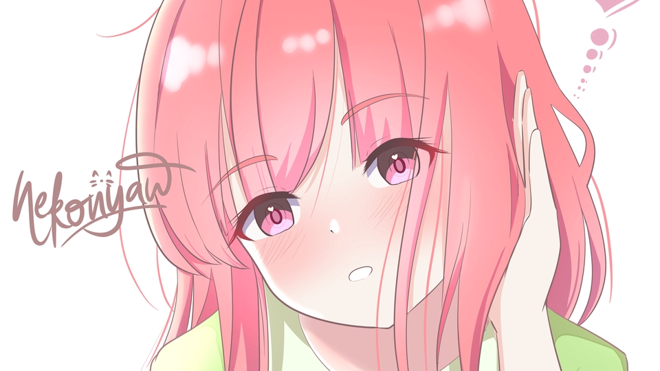 Ilustrasi digital seorang gadis dengan rambut merah muda sedang tersenyum