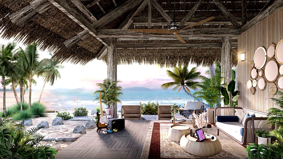 ออกแบบ perspective รับทำภาพ 3d บ้านพักตากอากาศ สไตล์ทรอปิคอล 3d