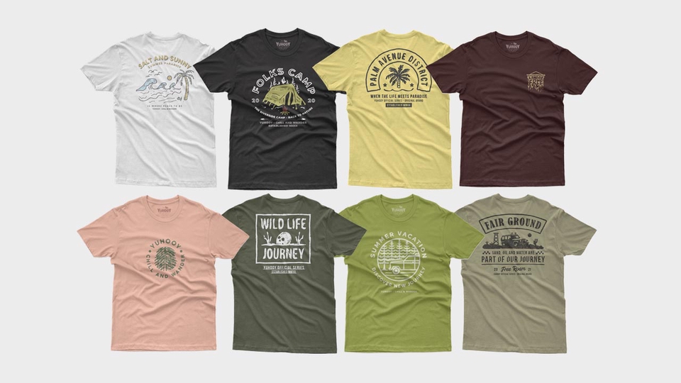 Desain kaos distro dengan motif unik dan beragam, cocok untuk branding usaha.