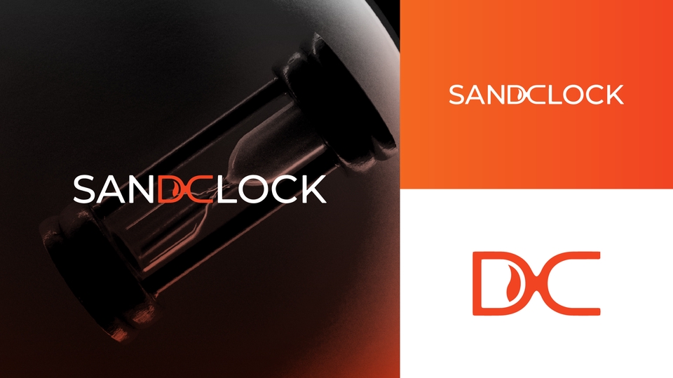 Desain logo Sandclock dengan logo kecil "DC", jasa desain logo profesional.