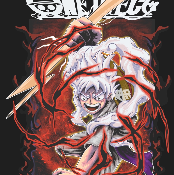 Ilustrasi anime karakter pria dengan rambut putih, memegang senjata, berpose dengan latar belakang merah dan hitam. jasa ilustrasi anime ilustrasi digital jasa desain karakter
