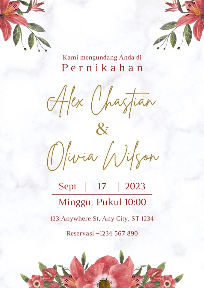 Kartu undangan pernikahan unik Alex Chastian dan Olivia Wilson, desain undangan pernikahan minimalis dengan ornamen bunga merah muda, desain undangan pernikahan elegan, undangan pernikahan sederhana, undangan pernikahan, desain undangan pernikahan unik dan murah.