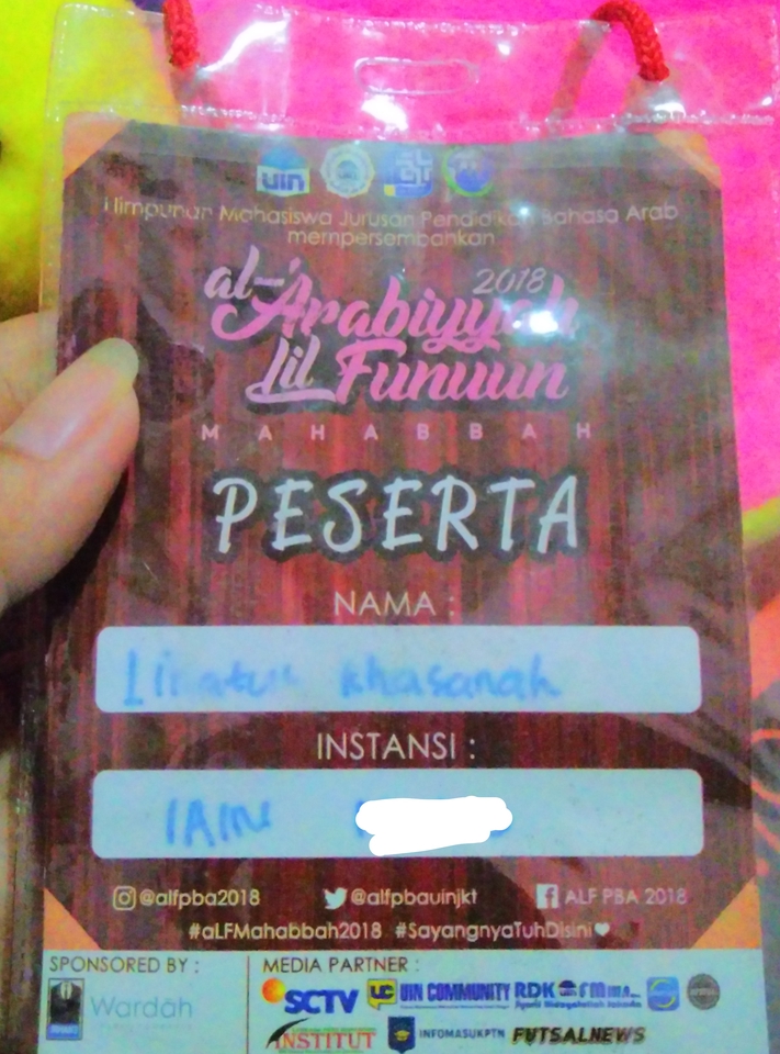 Kartu peserta  al-Arabiyyul Lil Funuun 2018,  nama peserta Lintang khasanah,  instansi  I AM,  dengan keyword penerjemah, jasa translate,  translate inggris ke indonesia, terjemahan indonesia inggris, terjemahan bahasa inggris, translate indonesia, penerjemah bahasa arab, terjemahan arab indonesia.