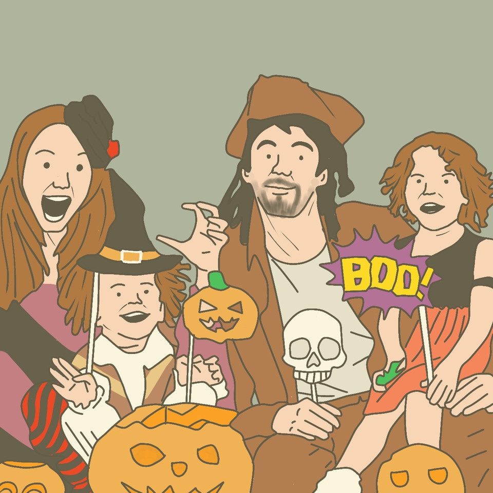 Ilustrasi kartun lucu keluarga mengenakan kostum Halloween dengan latar belakang abu-abu.