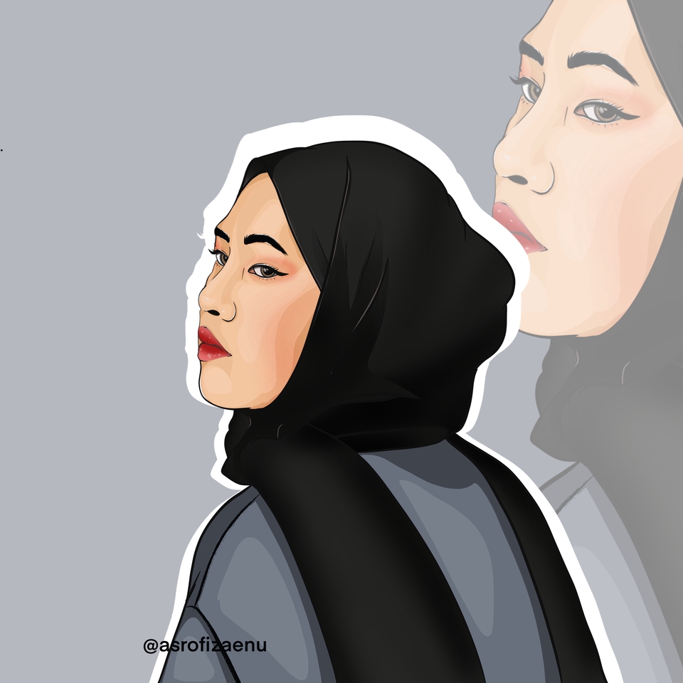 Jasa lukis wajah freelance, gambar karikatur wanita berhijab dengan desain vektor hitam putih