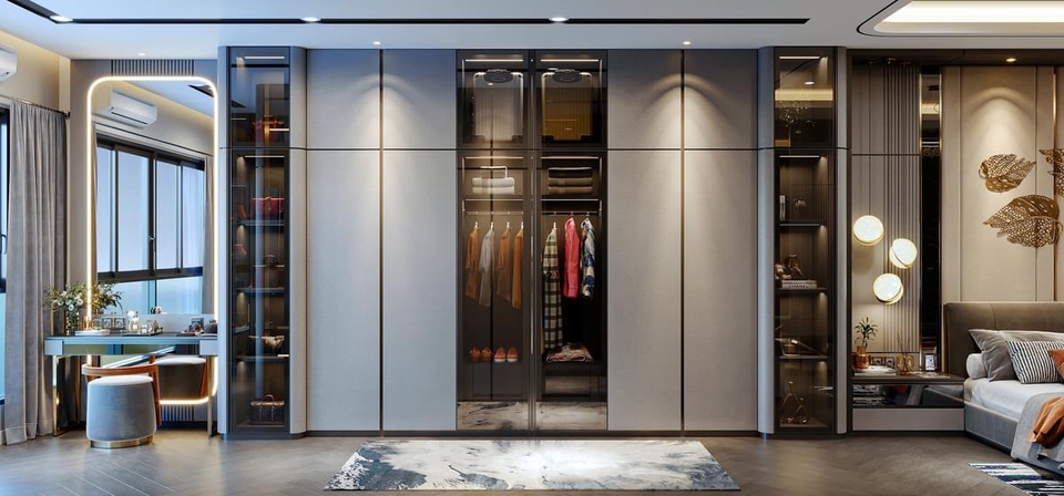 Desain lemari pakaian minimalis dengan pintu kaca dan interior modern untuk rumah Anda.