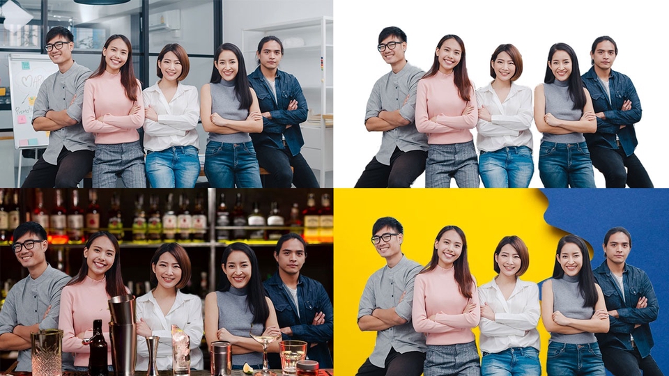 รับตัดต่อภาพ รับรีทัชภาพ รับแต่งรูปภาพ รับแก้ไขภาพ คนกลุ่มใหญ่ แต่งชุดลำลอง ยืนเรียงกัน