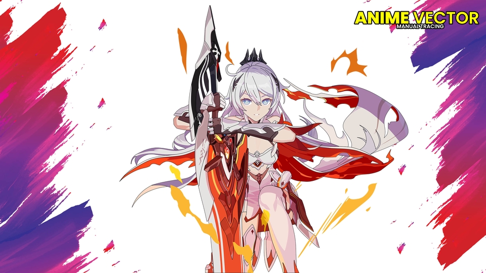 Ilustrasi karakter anime perempuan dengan rambut putih dan mata merah muda memegang senjata dengan background warna merah muda dan biru