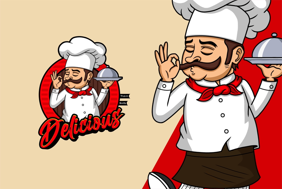 Jasa desain karakter kartun lucu chef dengan topi koki dan celemek holding a silver platter