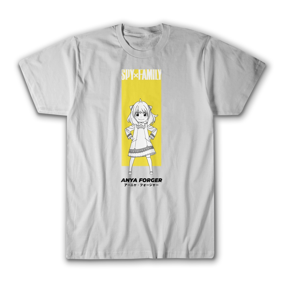 Desain kaos putih dengan gambar karakter anime Anya Forger dari Spy x Family