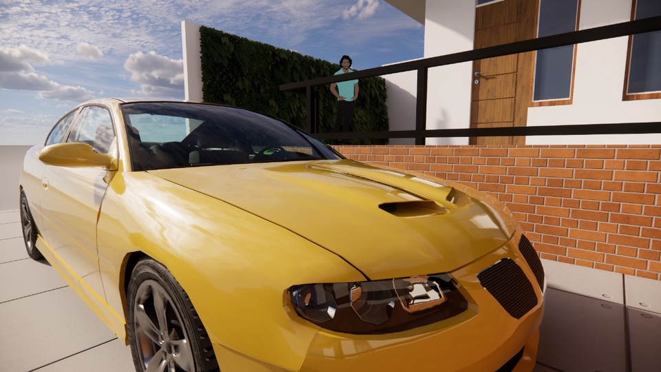 Jasa desain 3D eksterior untuk mobil sport kuning dengan model desain modern.