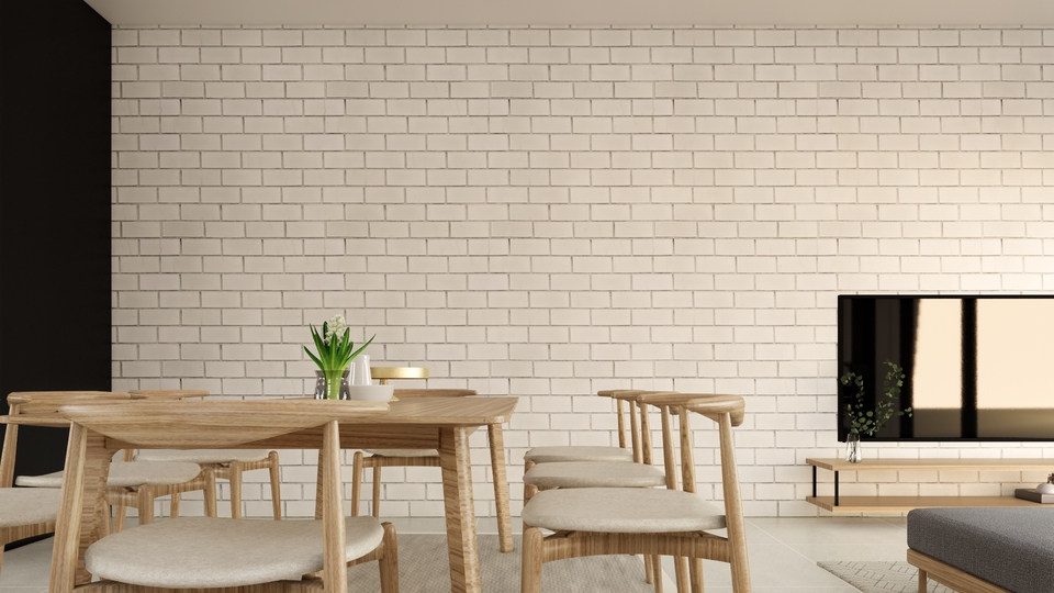 Jasa desain interior minimalis dengan meja makan kayu dan kursi putih untuk rumah modern.