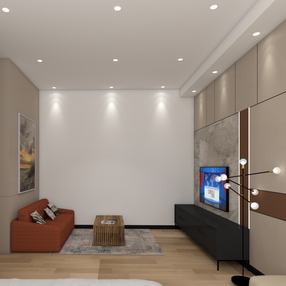 Jasa Desain Interior Rumah Minimalis Modern - Interior ruang tamu dengan sofa oranye dan meja kopi kayu.