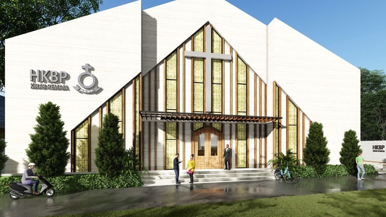 Jasa desain arsitektur 3d, desain exterior gereja HKBP, desain rumah ibadah minimalis 3d.