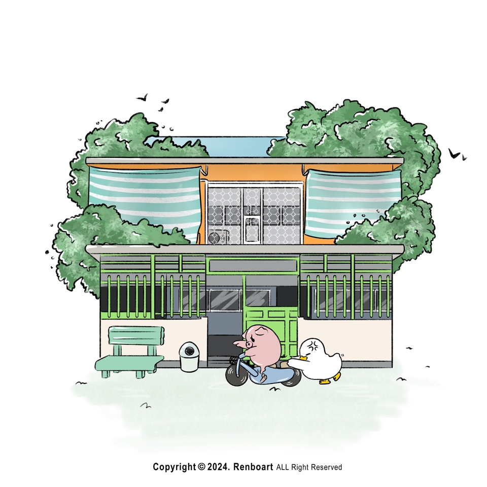 Ilustrasi kartun rumah dengan pig dan bebek, jasa pembuatan ilustrasi kartun, desain ilustrasi kartun, gambar ilustrasi, jasa gambar kartun, gambar ilustrasi hewan.