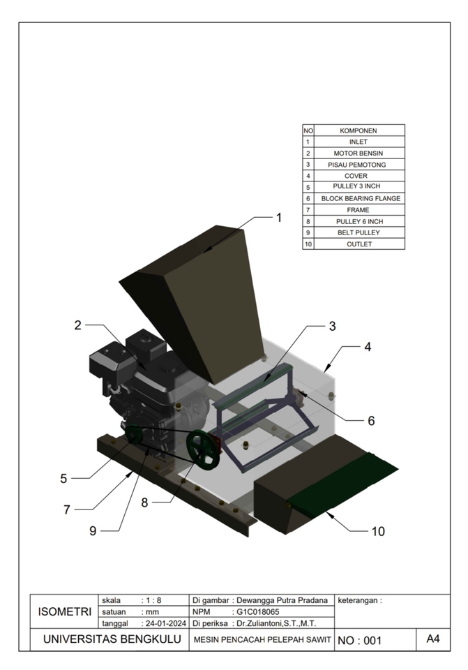 Jasa drafter autocad murah, gambar desain mesin pencacah pelepah sawit  dengan detail komponen.