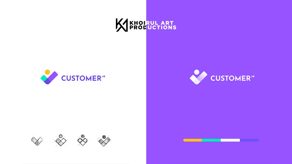 Desain logo "CUSTOMER" dengan warna ungu dan kuning.