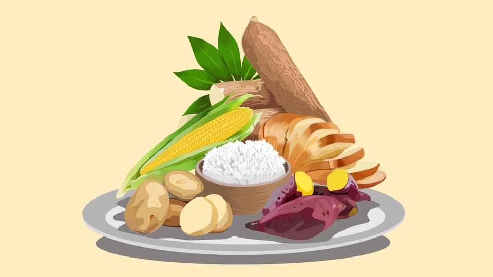 Ilustrasi makanan sehat seperti nasi, jagung, ubi jalar, singkong, buah, dan roti.