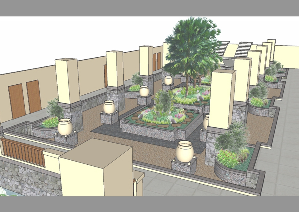 Desain eksterior 3D modern dengan taman dan kolam renang untuk rumah minimalis.  Jasa desain arsitektur freelance.