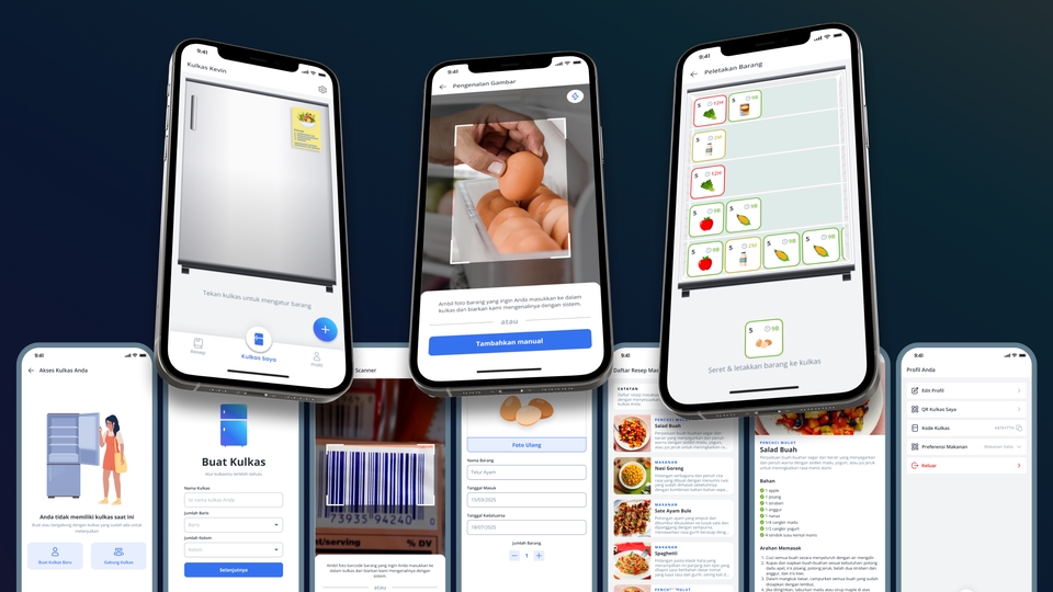 Desain UI UX untuk aplikasi mobile, menampilkan berbagai contoh desain layar aplikasi dan mockup.