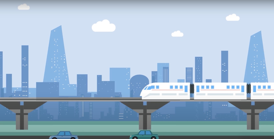 รับทำอนิเมชั่น 3d รถไฟฟ้าวิ่งผ่านเมืองอนาคต