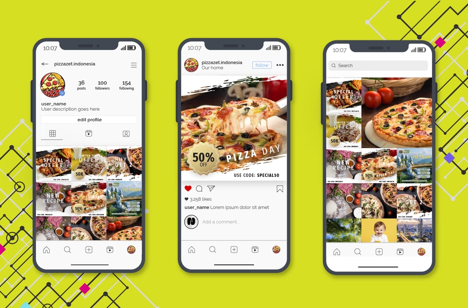Jasa Desain Banner Instagram Promosi Pizza: Desain feed Instagram, banner promosi Instagram, gambar promosi menarik untuk olshop.