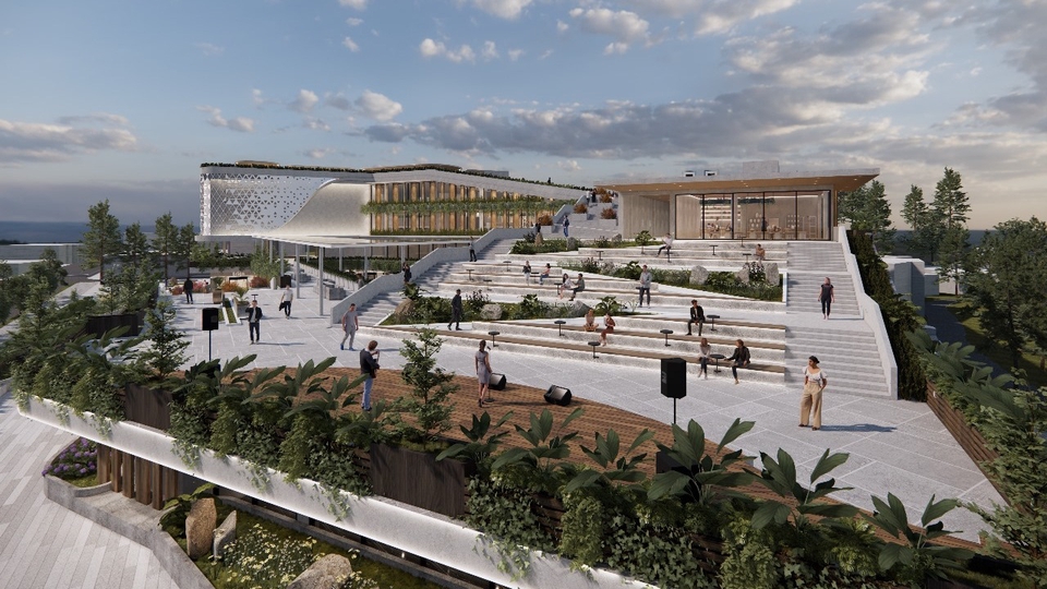 Jasa desain arsitektur untuk gedung dengan interior cafe minimalis modern dan taman yang indah.