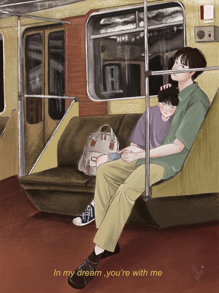 ภาพประกอบวาดมือสีน้ำ การ์ตูนชายหญิงคู่รัก นั่งรถไฟใต้ดิน คำคมภาษาอังกฤษ บอกรัก