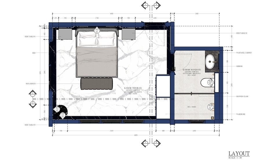 Desain ruang tidur minimalis dengan lemari pakaian, meja, dan televisi
