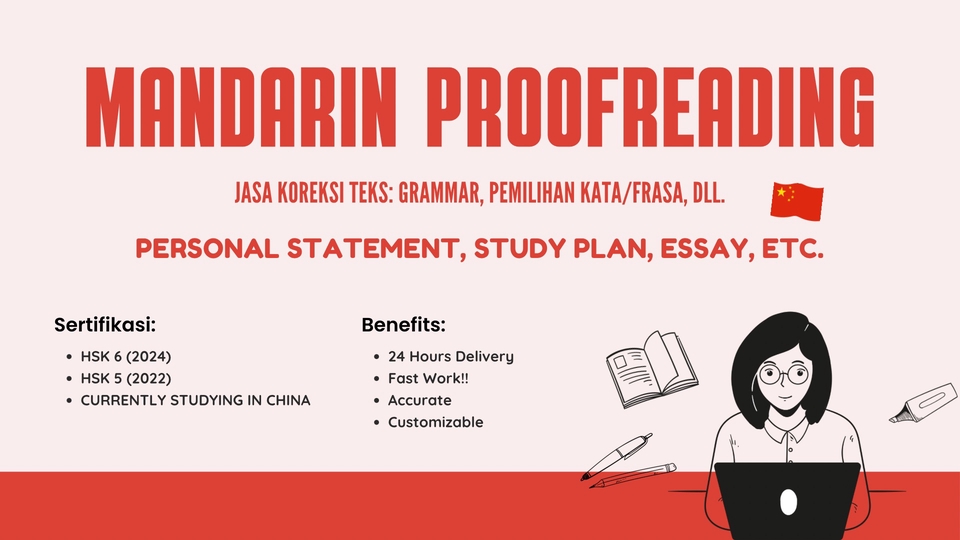 Jasa proofreading mandarin, teks, personal statement, study plan, essay, dan dokumen akademik lainnya. Layanan cek grammar, pemilihan kata, dan frase.