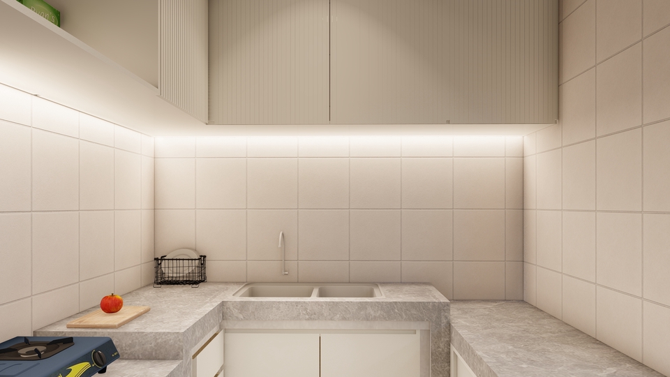 Desain lemari dapur minimalis dengan countertop marmer dan backsplash keramik putih.