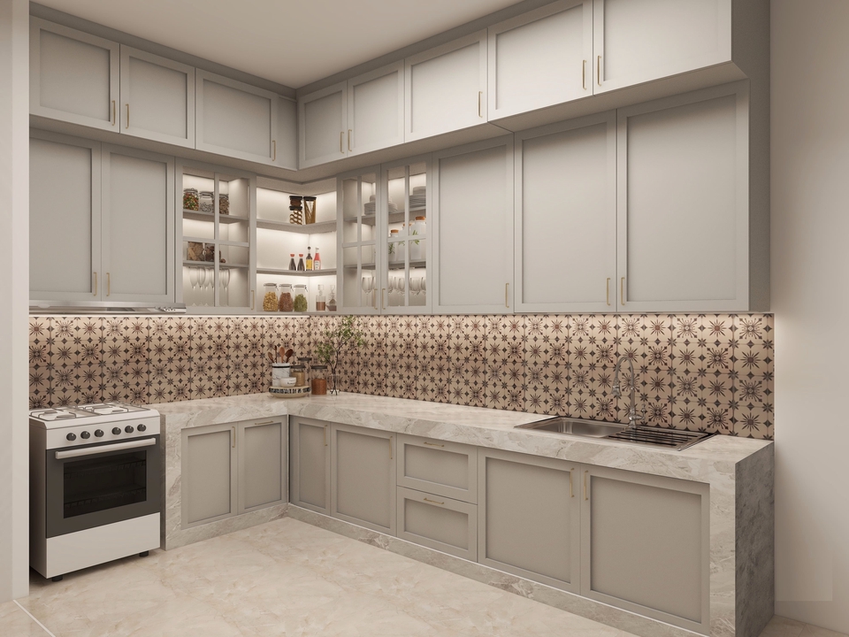 Jasa desain interior dapur minimalis dengan model kabinet modern dan backsplash keramik