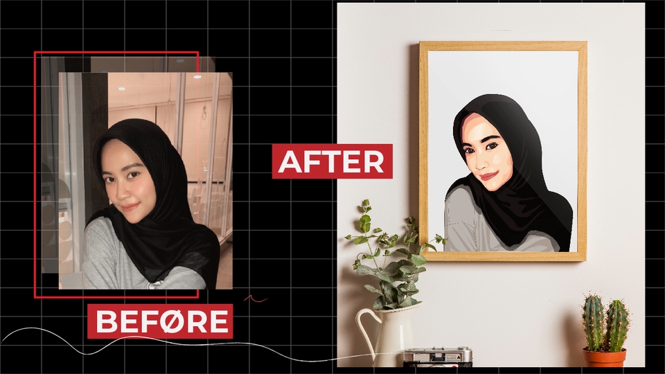 Jasa karikatur desain vektor wajah wanita hijab hitam putih