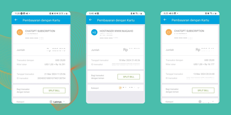 Jasa pembayaran online kartu kredit: ilustrasi detail transaksi pembayaran via aplikasi mobile.