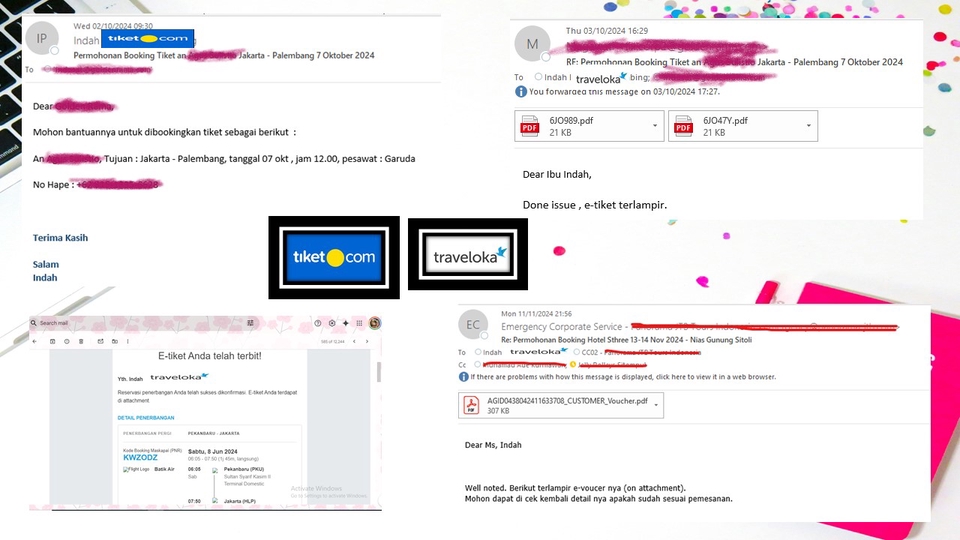 Jasa Virtual Assistant membantu pelanggan menyelesaikan berbagai macam tugas seperti booking tiket, membalas email dan lain sebagainya.