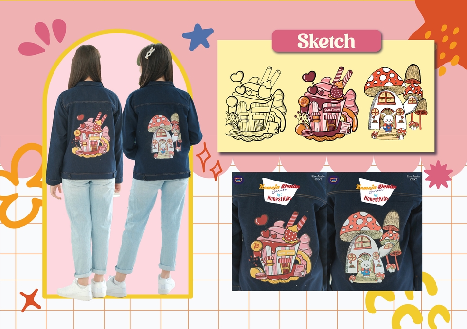 Ilustrasi kartun anak perempuan menggunakan jaket denim dengan gambar rumah jamur berwarna merah muda dan ungu. Ilustrasi ini cocok untuk kebutuhan desain kaos, buku, atau keperluan komersial lainnya.